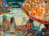 a painting of people sitting on the beach under umbrellas