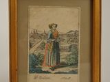an old picture of a woman in a blue dress holding a basket