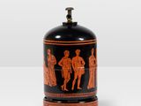 a black and orange vase with a man and woman on it