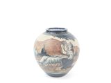 a vase with a picture of a man and a dog on it