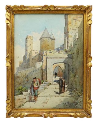 une image représentant un tableau où l'on voit un homme et une femme devant un château