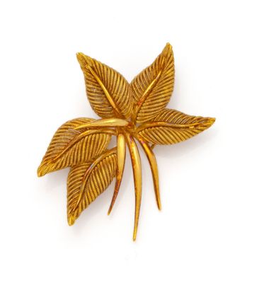 a close up of a gold leaf brooch on a white background