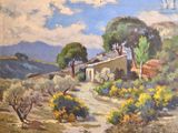 une peinture à l'huile représentant une maison sur une colline, entourée d'arbres et de buissons