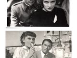 two black and white photos of a man and a woman posing for a picture