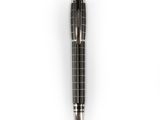 a close up of a pen on a white surface with a white background