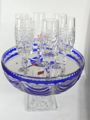 a blue glass tray with wine glasses on it