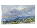 a watercolor painting of a landscape with mountains in the distance