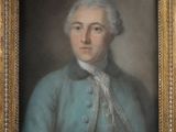 an old painting of a man in a blue coat and white hair