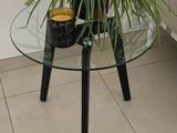 une table en verre sur laquelle se trouve une plante en pot