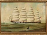 an oil painting of a tall ship in the ocean