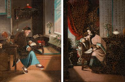 two paintings of a woman sitting at a table reading a book