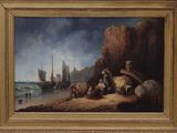 an oil painting of a group of people on a beach by the water