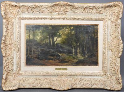 une peinture à l'huile représentant une scène boisée avec des arbres au premier plan