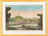 a painting of a view of a village with a river in the foreground