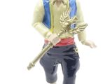 figurine of a man with a sword and hat on a white surface