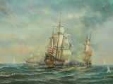 painting of two ships in the ocean with sailboats in the background