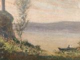 an oil painting of a castle on a hill with a boat in the foreground