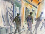 un tableau représentant des gens marchant dans une rue de la ville
