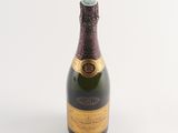 bottle of champagne on a white surface with a white background