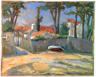 a painting of a boat on the beach by a fence
