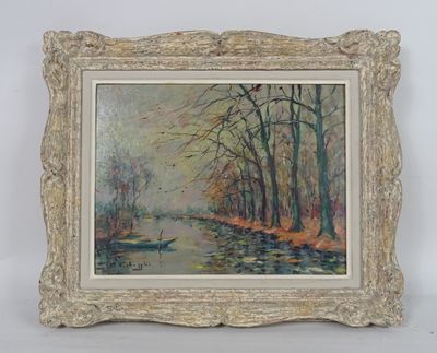an oil painting of a boat on a river in a wooded area