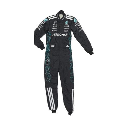 a black race suit with a green and white logo on the chest