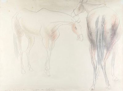 a drawing of a horse and a man standing next to each other