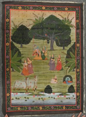 an image of a painting on a wall with a person holding a cow