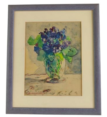 aquarelle encadrée représentant un vase de fleurs violettes posé sur une table