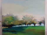 a painting of a green field with trees in the background