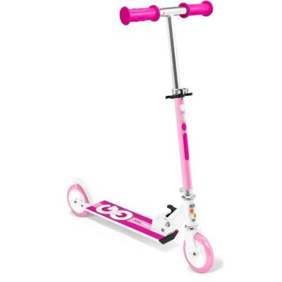 a close up of a pink scooter on a white background