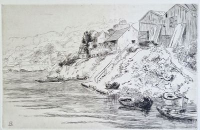 dessin représentant un bateau sur une rivière, avec une maison sur une colline en arrière-plan