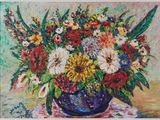 a painting of flowers in a blue vase on a table