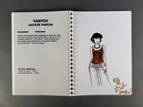 an open book with a drawing of a woman in a tank top