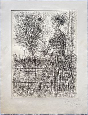 a black and white drawing of a woman in a dress