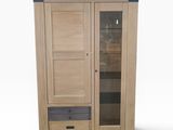 a close up of a wooden cabinet with a glass door