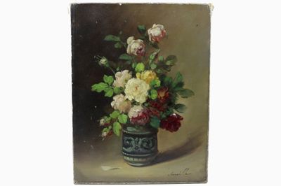 a painting of flowers in a vase on a table