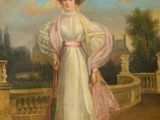painting of a woman in a white dress and pink hat holding a cane