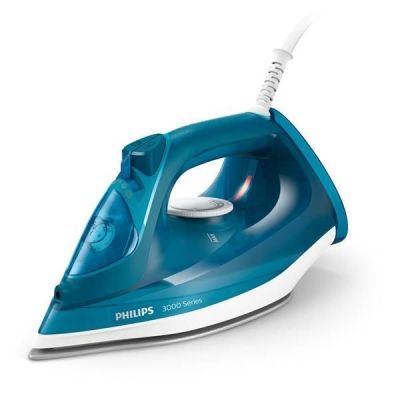 the blue and white electric iron is sitting on a white surface