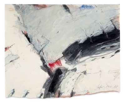 une peinture abstraite représentant un tableau en noir et blanc rehaussé de touches de rouge