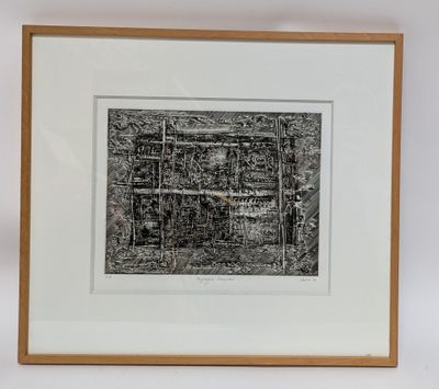 a black and white drawing of a building in a wooden frame