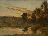 l'image d'une peinture représentant une rivière avec un bateau dans l'eau