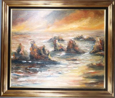 an oil painting of a sunset over the ocean with rocks in the foreground