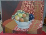 a painting of a bowl of fruit on a table