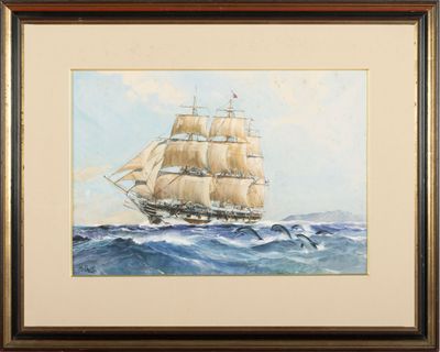 une peinture à l'huile représentant un voilier en pleine mer
