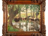 a painting of cows drinking from a stream in the woods