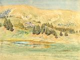 a watercolor painting of a landscape with a mountain in the background