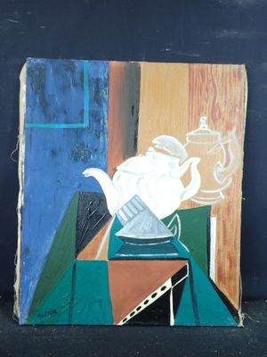 une peinture représentant une théière posée sur une table près d'une fenêtre