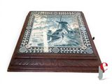 a wooden box with a picture of a boat on it