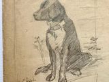 drawing of a dog sitting on the ground with a flower in its mouth